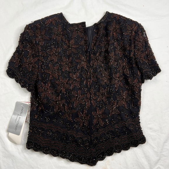 Papell Boutique NEW Womens Sz S brown Silk  Beaded Evening Blouse Dressy A040423 - Picture 3 of 7
